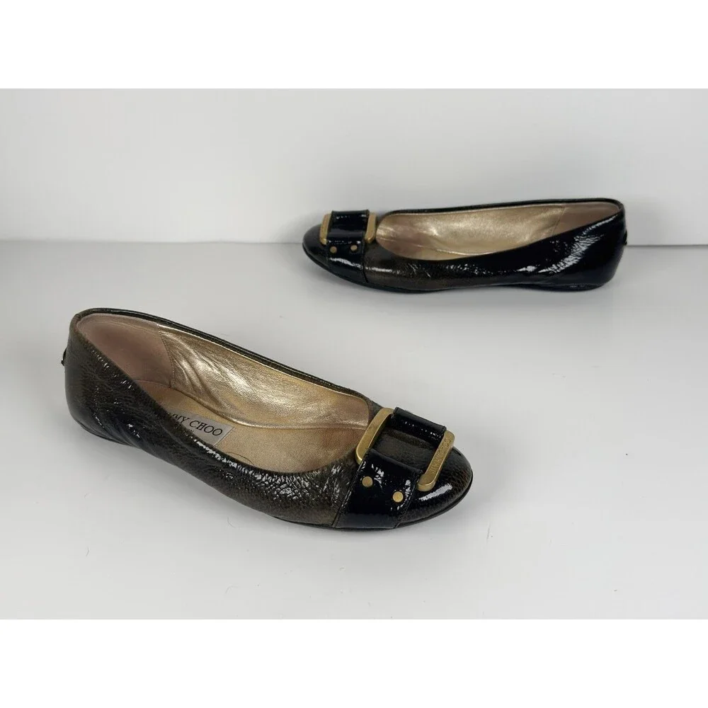 Jimmy Choo Black Olive Morse Buckle Ballet Flats Size EU 36.5 US 6.5